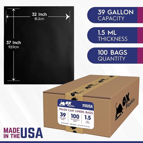 Ox Plastics Trash Can Liners Bags - 60 Gallon Capacity & 3mil Thick Extra Heavy Duty Strength - Large Garbage, Leak-Proof & Durable, House & Commercial Use Bags Black in Kuwait