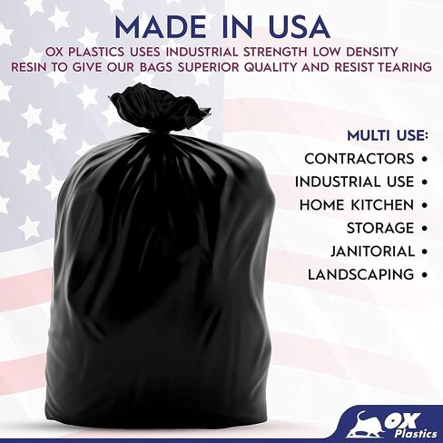 Ox Plastics Trash Can Liners Bags - 60 Gallon Capacity & 3mil Thick Extra Heavy Duty Strength - Large Garbage, Leak-Proof & Durable, House & Commercial Use Bags Black in Kuwait
