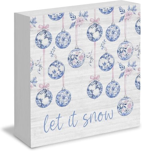 Let It Snow Sign, Chinoiserie Blue and White Snowman Christmas Wooden Box Sign, Grandmillennial Home Decor, Christmas Wood Signs for Home Office Desk Table Tabletop Shelf Decor, 5x5 Inch in Kuwait