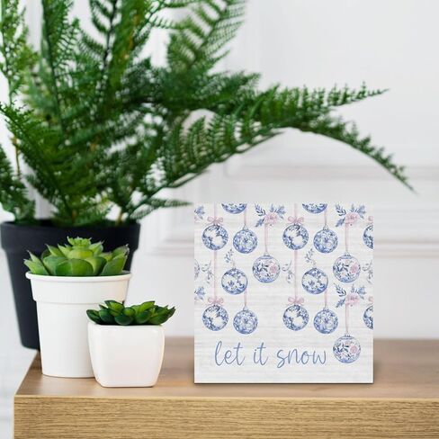 Let It Snow Sign, Chinoiserie Blue and White Snowman Christmas Wooden Box Sign, Grandmillennial Home Decor, Christmas Wood Signs for Home Office Desk Table Tabletop Shelf Decor, 5x5 Inch in Kuwait
