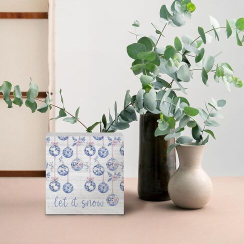 Let It Snow Sign, Chinoiserie Blue and White Snowman Christmas Wooden Box Sign, Grandmillennial Home Decor, Christmas Wood Signs for Home Office Desk Table Tabletop Shelf Decor, 5x5 Inch in Kuwait