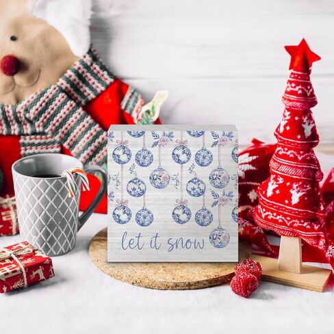 Let It Snow Sign, Chinoiserie Blue and White Snowman Christmas Wooden Box Sign, Grandmillennial Home Decor, Christmas Wood Signs for Home Office Desk Table Tabletop Shelf Decor, 5x5 Inch in Kuwait