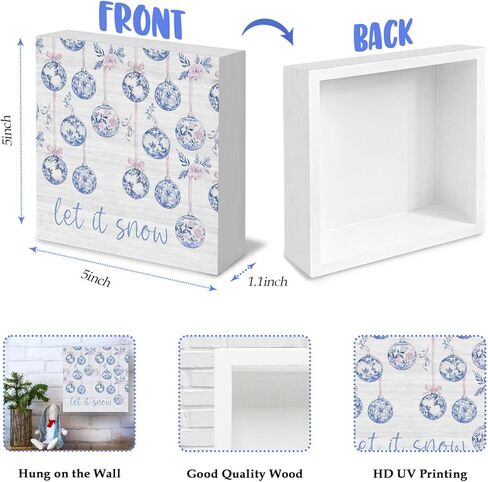 Let It Snow Sign, Chinoiserie Blue and White Snowman Christmas Wooden Box Sign, Grandmillennial Home Decor, Christmas Wood Signs for Home Office Desk Table Tabletop Shelf Decor, 5x5 Inch in Kuwait