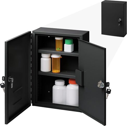 خزانة المخدرات ببابين من Durabox - خزانة فولاذية بباب مزدوج وقفل مزدوج المفتاح للتخزين الآمن للأدوية والأدوية الطبية والمستلزمات الطبية والمزيد، 25.4 سم عرض × 38.1 سم ارتفاع × 11.43 سم عمق (أسود، صغير) in Kuwait