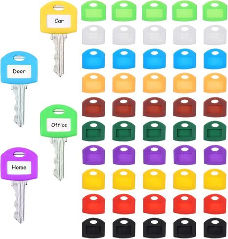50Pcs Colored Key Covers Caps Set, 10 Colors Key Caps Tag, Plastic Keys Identifier Covers Protectors with Blank White Cardstock Labels and Clear Plastic Sheet, for Keys Pets Luggage Memory Stick Tab in Kuwait