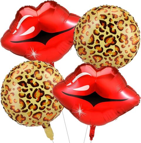 4 Pcs Red Lips and Cheetah Balloons, Leopard Print Party Decorations, Red Lips Cheetah Pattern Foil Balloons Kit for Bachelorette Party, Kiss the Miss Goodbye, Women's Birthday Baby Shower in Saudi Arabia
