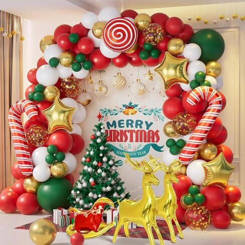 Christmas Balloon Garland Arch Kit with 138 Pcs Red Green Sequin Balloons with Candy Cane Balloons Gold Star Moose Sleigh Balloon for Kids Xmas Birthday New Year Decorations (Red) in Saudi Arabia
