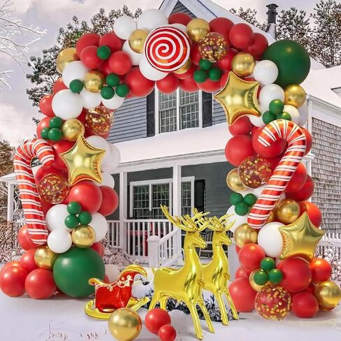 Christmas Balloon Garland Arch Kit with 138 Pcs Red Green Sequin Balloons with Candy Cane Balloons Gold Star Moose Sleigh Balloon for Kids Xmas Birthday New Year Decorations (Red) in Saudi Arabia