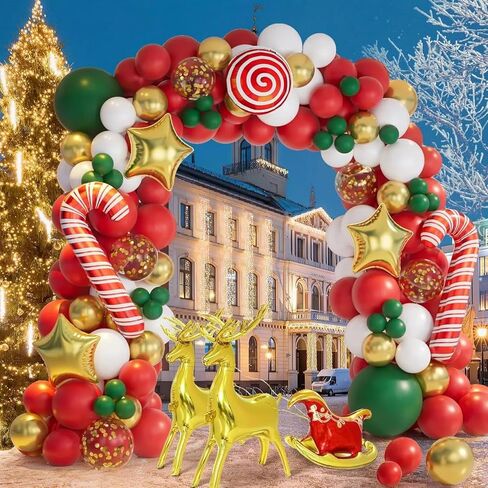 Christmas Balloon Garland Arch Kit with 138 Pcs Red Green Sequin Balloons with Candy Cane Balloons Gold Star Moose Sleigh Balloon for Kids Xmas Birthday New Year Decorations (Red) in Saudi Arabia