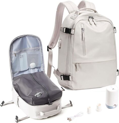 حقيبة ظهر للسفر من SEAFEW مع ضغط ختم فراغ، حقيبة ظهر مقاومة للماء لحقيبة الأغراض الشخصية المعتمدة للطيران مع مضخة، حقيبة ظهر للكمبيوتر المحمول للأعمال مع شحن USB للمشي لمسافات طويلة في صالة الألعاب الرياضية، بيج in Kuwait