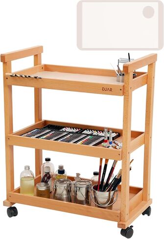 DJAR Rolling Art Supplies Cart, Solid Beech Wood Art Supply Organizert with Caster Wheels, Utility Cart for Adults, Artists, (Natural, Basic) in Saudi Arabia