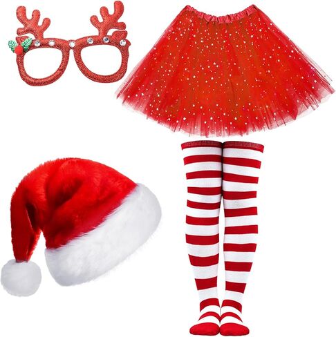 Hikkcos 4Pcs Christmas Costume Set Red Santa Hat Tutu Skirt Striped Tights Glitter Frame Christmas Glasses for Women Xmas Party Costume Accessories in Saudi Arabia