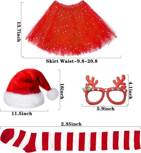 Hikkcos 4Pcs Christmas Costume Set Red Santa Hat Tutu Skirt Striped Tights Glitter Frame Christmas Glasses for Women Xmas Party Costume Accessories in Saudi Arabia