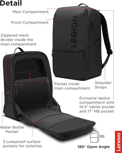حقيبة ظهر للكمبيوتر المحمول Lenovo Legion Gaming GB800، سعة 21 لتر، تناسب أجهزة الكمبيوتر المحمول مقاس 17 بوصة، مقاومة للماء، ثلاثة أقسام رئيسية و19 جيبًا مخصصًا، أسود in Kuwait