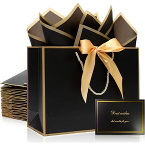 KeerxunBag 12 Pack Gift Bags Set with 24 Sheets Tissue Paper, 12 Thank You Cards & 12 Bow Ribbons - 12.6"x4.3"x9.8"Wedding Celebration Gifts Anniversary & Award Ceremony Gifts (Champagne color) in Saudi Arabia