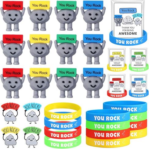 Gejoy 12 مجموعة من هدايا You Rock بما في ذلك 12 تمثال صغير من You Rock و12 بطاقة إيجابية و12 سوار من السيليكون و12 ملصقًا و12 حقيبة هدايا ملهمة لكونك موظفًا رائعًا وزملاء العمل وفريق المعلم in Kuwait