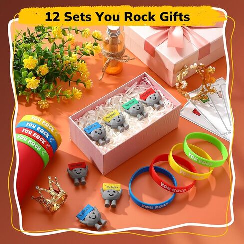 Gejoy 12 مجموعة من هدايا You Rock بما في ذلك 12 تمثال صغير من You Rock و12 بطاقة إيجابية و12 سوار من السيليكون و12 ملصقًا و12 حقيبة هدايا ملهمة لكونك موظفًا رائعًا وزملاء العمل وفريق المعلم in Kuwait