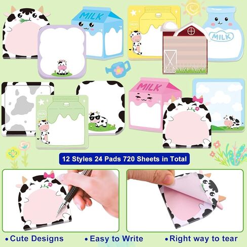 Fancy Land 24 Pads Cute Sticky Notes Cow Milk Pattern Sticky Notes for Teachers Classrooms 720 Sheets Memo Pads Page Markers New Year Holiday Gifts Office School Supplies in Saudi Arabia