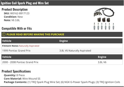 Ignition Coil Spark Plug and Wire Set - 8 Piece - Compatible with 1999-2008 Pontiac Grand Prix V6 3.8L in Saudi Arabia