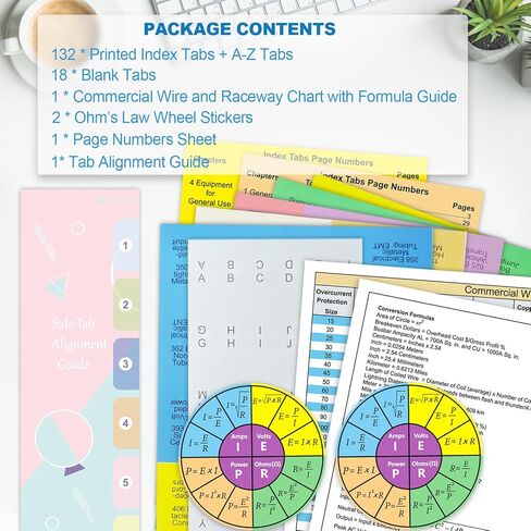 Index Book Tabs for NEC 2026 Code Book, Top Tabs + A-Z Tabs, Laminated Durable, Color-Coded, with Wire and Raceway Chart, 2 Ohm's Law Stickers, Page Numbers Sheet & Alignment Guide in Saudi Arabia