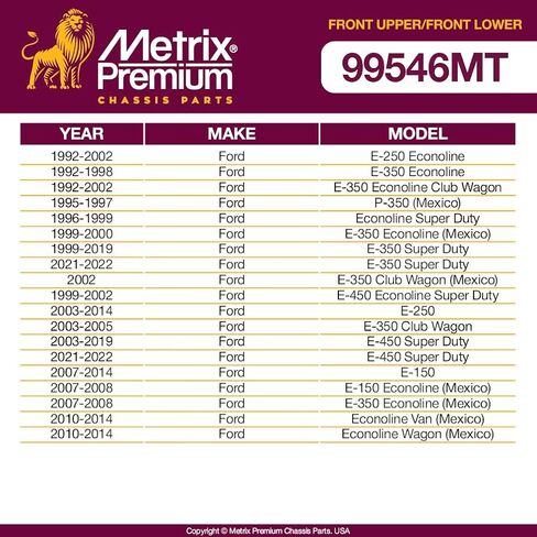 أجزاء الهيكل الفاخرة من Metrix - مجموعة وصلات كروية أمامية سفلية وعلوية مكونة من 4 قطع تناسب 92-02 Ford E-250 Econoline، 92-98 E-350 Econoline، 92-02 E-350 Econoline Club Wagon استبدال K80196 K80197 صنع في أوروبا in Saudi Arabia