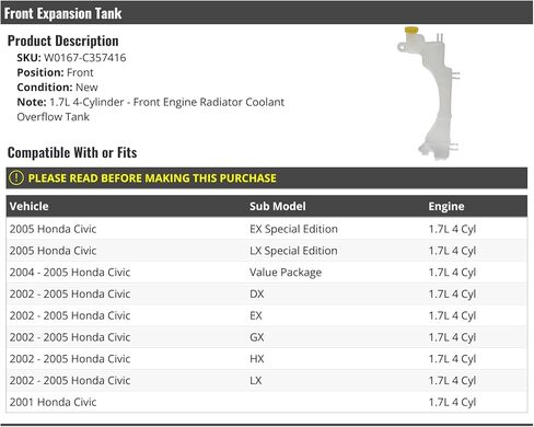 Front Radiator Coolant Expansion Overflow Tank - Compatible with 2001-2005 Honda Civic 1.7L 4-Cylinder in Saudi Arabia