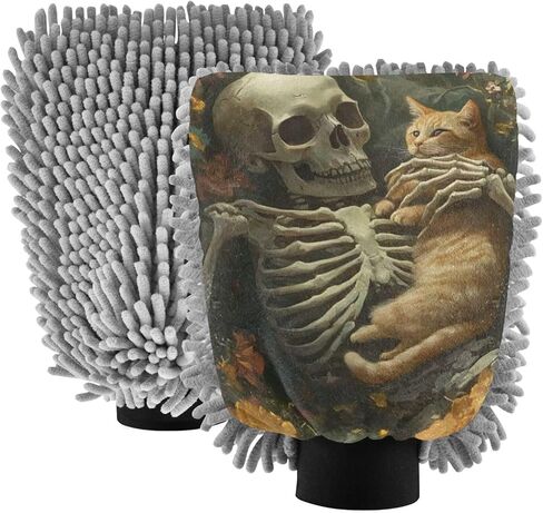 AIXIWAWA Car Wash Mitt Washing Glove Skull with Cat Print Scratch Free Water Absorbent 2 Pack Medium in Kuwait