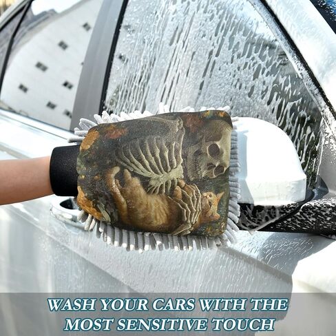 AIXIWAWA Car Wash Mitt Washing Glove Skull with Cat Print Scratch Free Water Absorbent 2 Pack Medium in Kuwait