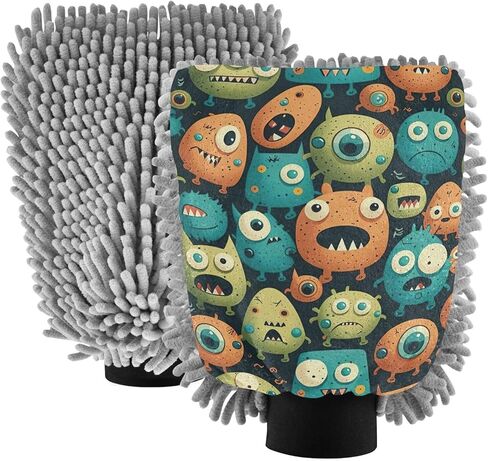 AIXIWAWA Car Wash Mitt Washing Glove Scratch Free Water Absorbent 2 Pack Medium Cute Little Monster Print in Kuwait