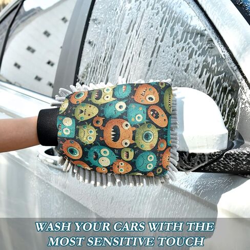 AIXIWAWA Car Wash Mitt Washing Glove Scratch Free Water Absorbent 2 Pack Medium Cute Little Monster Print in Kuwait