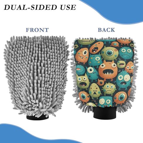 AIXIWAWA Car Wash Mitt Washing Glove Scratch Free Water Absorbent 2 Pack Medium Cute Little Monster Print in Saudi Arabia