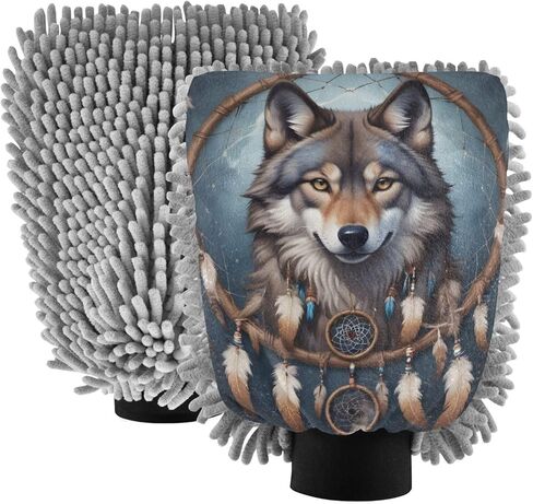 AIXIWAWA Car Wash Mitt Washing Glove Scratch Free Water Absorbent 2 Pack Medium Wolf Dreamcatcher Print in Saudi Arabia
