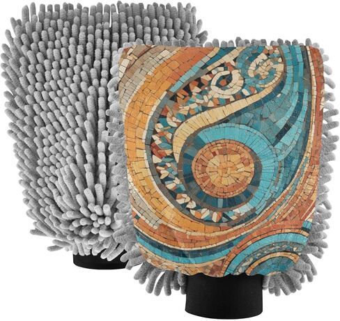 AIXIWAWA Car Wash Mitt Washing Glove Scratch Free Water Absorbent 2 Pack Large Retro Mosaic Pattern Print in Saudi Arabia