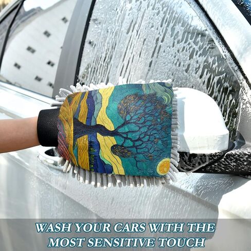 AIXIWAWA Car Wash Mitt Washing Glove Scratch Free Water Absorbent 2 Pack Large Art Landscape Print in Kuwait