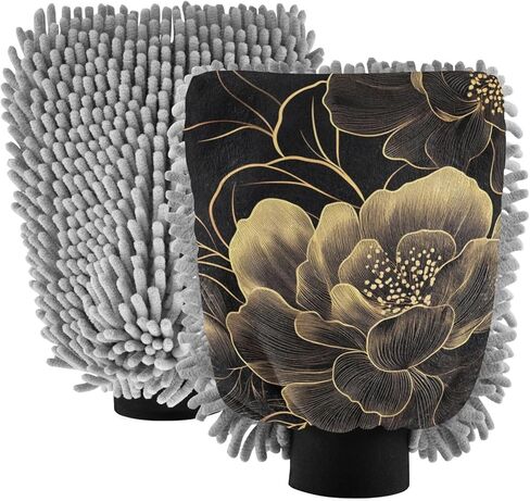 AIXIWAWA Car Wash Mitt Washing Glove Scratch Free Water Absorbent 2 Pack Medium Gold Black Floral Print in Saudi Arabia