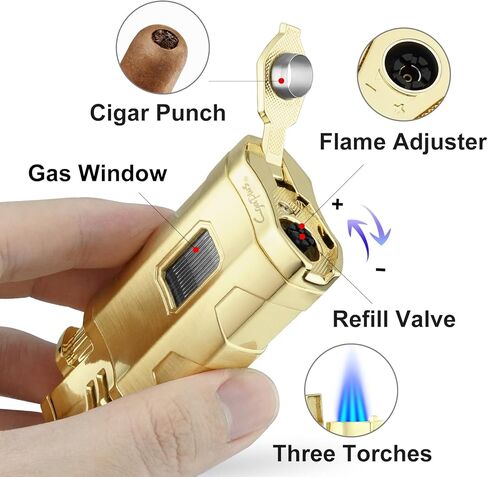 Cigar Torch Lighter Triple Jet Flame Refillable Butane Torch Cigar Lighters Windproof Lighter with Cigar Punch Rest Holder - Butane Not Included (Black) in Kuwait