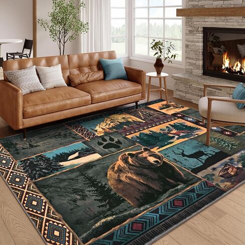 سجادة منطقة المزرعة ASPMIZ مقاس 5 × 7، سجاد غرفة المعيشة بافلو منقوش لودج الدب موس الغزلان قابل للغسل، سجاد ريفي لغرفة النوم والحياة البرية غير قابل للانزلاق، بني كبير، ديكور منزلي ريفي عتيق in Kuwait
