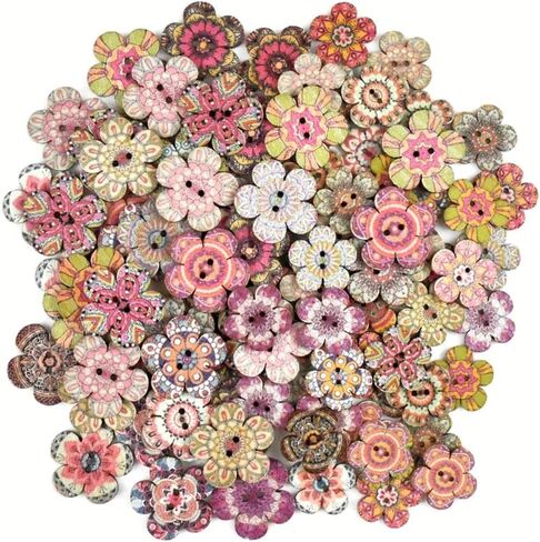 100PCS Snaps for Fabric, Double-Hole Flower-Shaped Decorative Buttons, Suitable for DIY Crafts, Sewing, Scrapbooking (Colors and Patterns Random) in Saudi Arabia