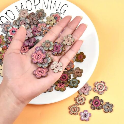 100PCS Snaps for Fabric, Double-Hole Flower-Shaped Decorative Buttons, Suitable for DIY Crafts, Sewing, Scrapbooking (Colors and Patterns Random) in Saudi Arabia