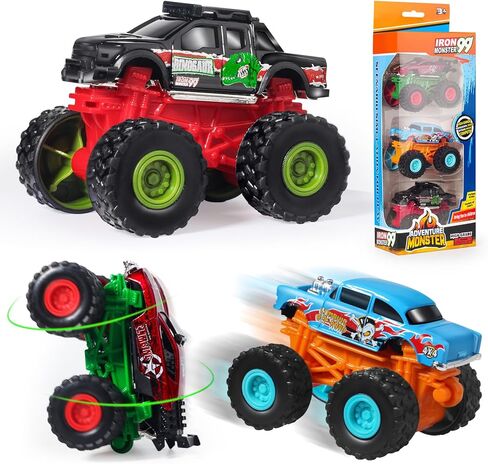 Mini Monster Trucks Set, 3 Pcs Diecast Cars, Powerful Pull Back Cars, Race Car Toys, Rotating Stunt, Monster Truck Toys for Kids 3-5 and up in Kuwait