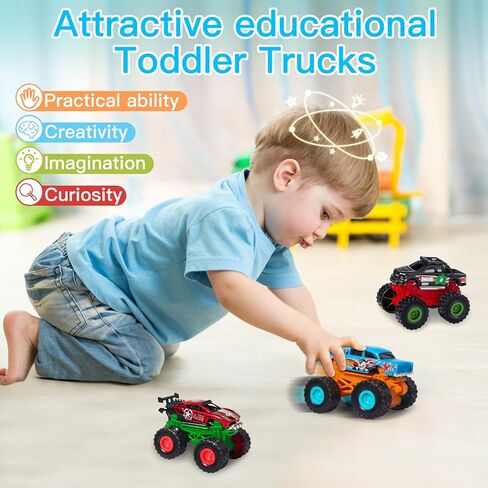 Mini Monster Trucks Set, 3 Pcs Diecast Cars, Powerful Pull Back Cars, Race Car Toys, Rotating Stunt, Monster Truck Toys for Kids 3-5 and up in Kuwait