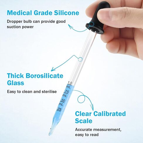 Herain 10 Pcs Glass Dropper Pipette, 1ml Liquid Dropper for Eye Medicine Drops, Essential Oil, Crafts, Skincare, Scientific Experiments, Measuring and Transferring a Variety of Liquids in Kuwait