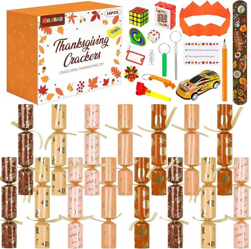 15 Pack Thanksgiving Crackers, Five Style Thanksgiving Party Favors, No Snap No Popping Pumpkins Design Holiday Crackers with Dice Hats and Gifts for Thanksgiving Table Decor Games for Family in Kuwait