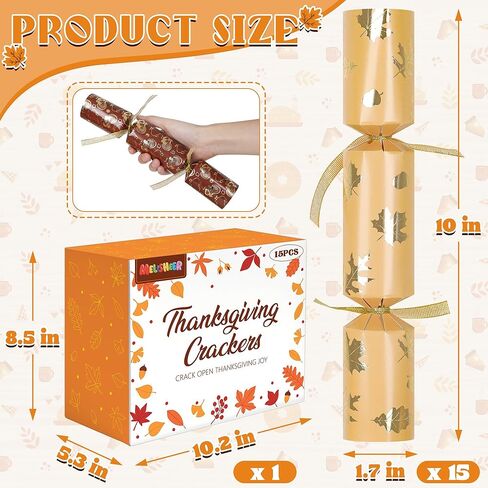 15 Pack Thanksgiving Crackers, Five Style Thanksgiving Party Favors, No Snap No Popping Pumpkins Design Holiday Crackers with Dice Hats and Gifts for Thanksgiving Table Decor Games for Family in Kuwait