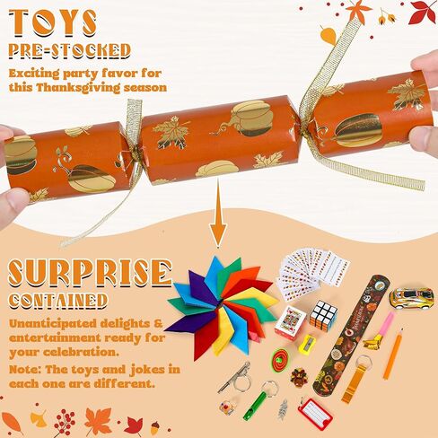 15 Pack Thanksgiving Crackers, Five Style Thanksgiving Party Favors, No Snap No Popping Pumpkins Design Holiday Crackers with Dice Hats and Gifts for Thanksgiving Table Decor Games for Family in Kuwait