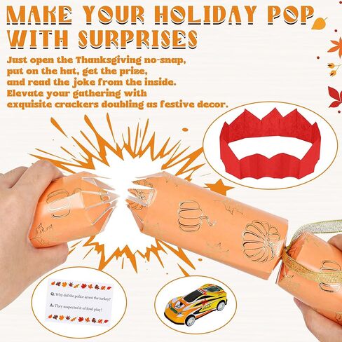 15 Pack Thanksgiving Crackers, Five Style Thanksgiving Party Favors, No Snap No Popping Pumpkins Design Holiday Crackers with Dice Hats and Gifts for Thanksgiving Table Decor Games for Family in Kuwait