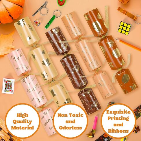 15 Pack Thanksgiving Crackers, Five Style Thanksgiving Party Favors, No Snap No Popping Pumpkins Design Holiday Crackers with Dice Hats and Gifts for Thanksgiving Table Decor Games for Family in Kuwait