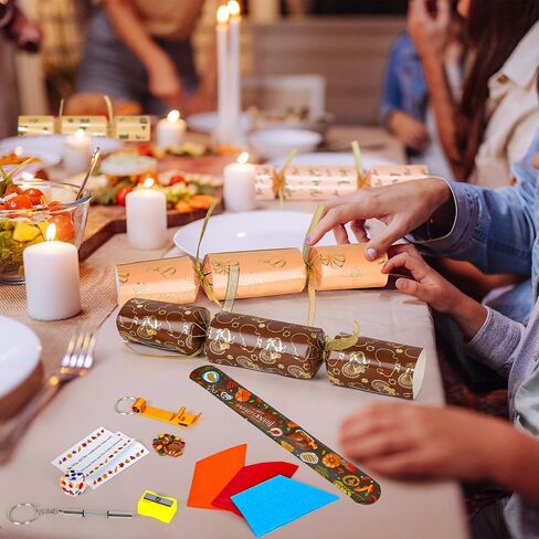 15 Pack Thanksgiving Crackers, Five Style Thanksgiving Party Favors, No Snap No Popping Pumpkins Design Holiday Crackers with Dice Hats and Gifts for Thanksgiving Table Decor Games for Family in Kuwait