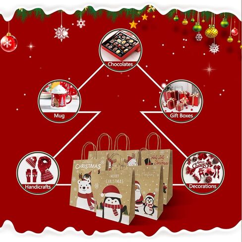 HSMOK 24 قطعة من حقائب هدايا عيد الميلاد بمقابض - 6 تصميمات احتفالية متوسطة الحجم لحقائب ورق الكرافت للأطفال والكبار، هدايا الحفلات، الهدايا، التسوق، ديكورات عيد الميلاد، 7.08 × 3.5 × 8.86 بوصة in Kuwait