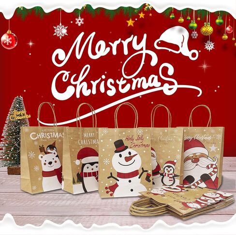 HSMOK 24 قطعة من حقائب هدايا عيد الميلاد بمقابض - 6 تصميمات احتفالية متوسطة الحجم لحقائب ورق الكرافت للأطفال والكبار، هدايا الحفلات، الهدايا، التسوق، ديكورات عيد الميلاد، 7.08 × 3.5 × 8.86 بوصة in Kuwait